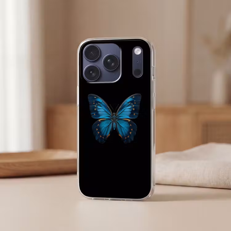 Vlinder - Blauw - Contrast Telefoonhoesje iPhone 17 Pro klein -sfeer2
