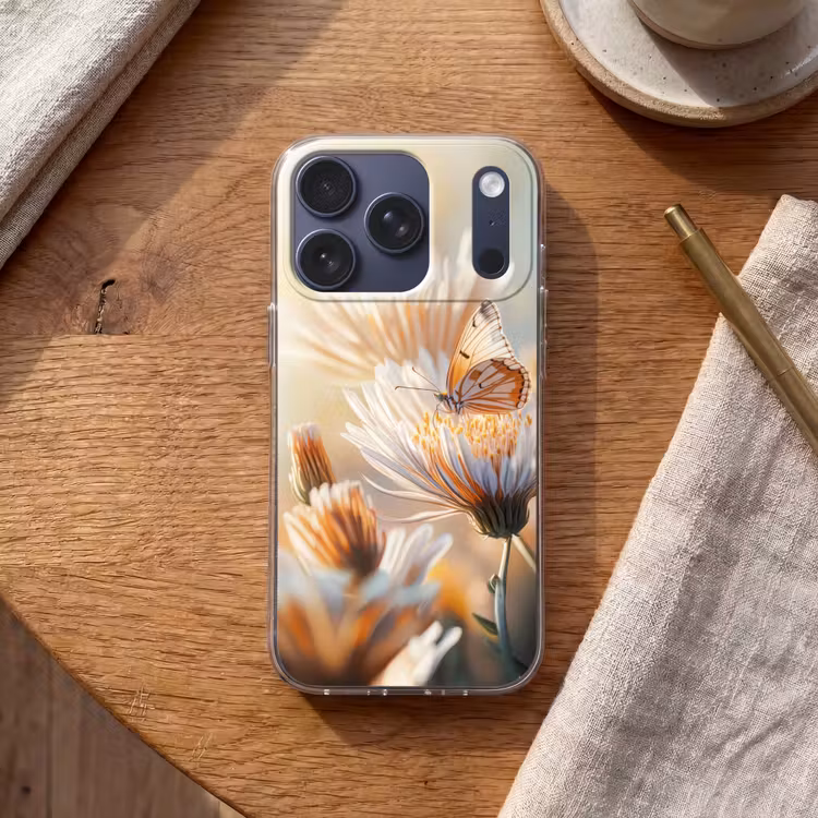 Vlinder - Bloem - Oranje Telefoonhoesje iPhone 17 Pro klein -sfeer1