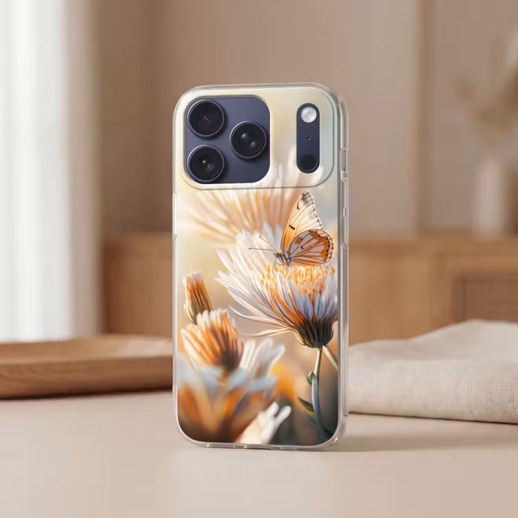 Vlinder - Bloem - Oranje Telefoonhoesje iPhone 17 Pro klein -sfeer2