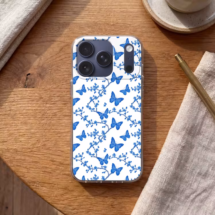 Vlinder - Bloemen - Blauw Telefoonhoesje iPhone 17 Pro klein 878 -sfeer1