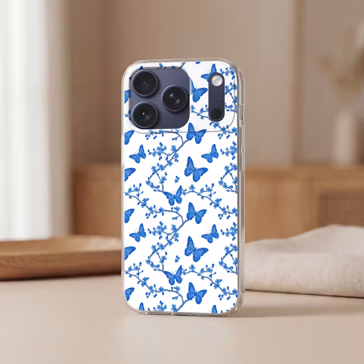 Vlinder - Bloemen - Blauw Telefoonhoesje iPhone 17 Pro klein 878 -sfeer2