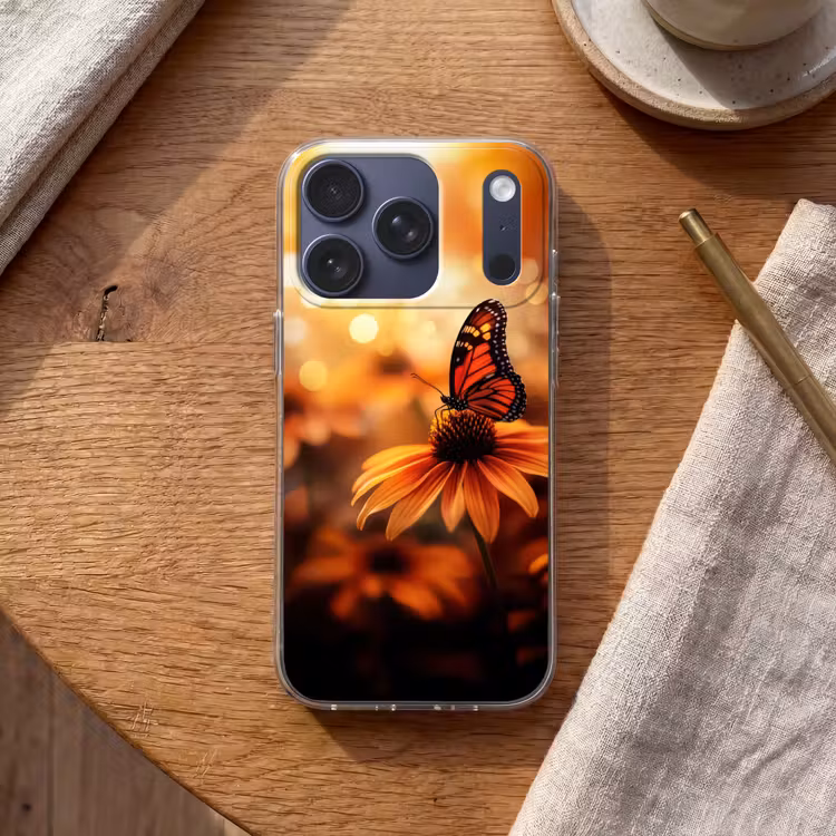 Vlinder - Bloemen - Oranje Telefoonhoesje iPhone 17 Pro klein -sfeer1