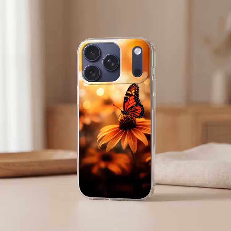 Vlinder - Bloemen - Oranje Telefoonhoesje iPhone 17 Pro klein -sfeer2