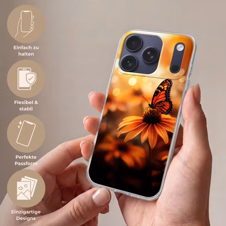 Vlinder - Bloemen - Oranje Telefoonhoesje iPhone 17 Pro klein -sfeer3_DE