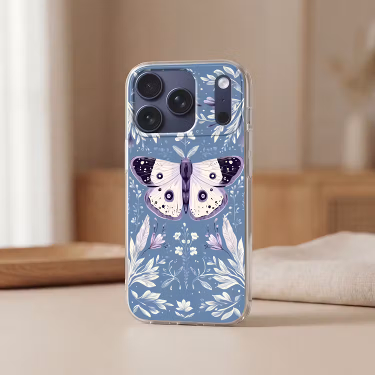 Vlinder - Bloemtakken - Lichtblauw Telefoonhoesje iPhone 17 Pro klein -sfeer2