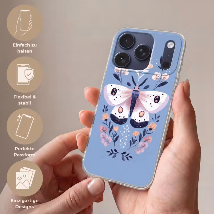 Vlinder - Vleugels - Stippen - Bloemen Telefoonhoesje iPhone 17 Pro klein -sfeer3_DE