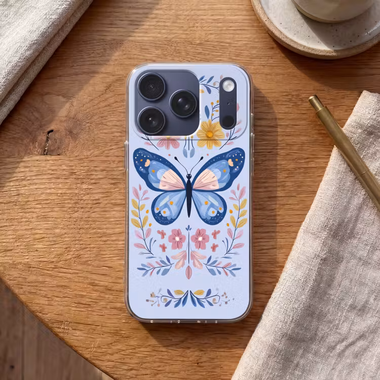 Vlinder - Lichtblauw - Sierlijk - Bloemen Telefoonhoesje iPhone 17 Pro klein -sfeer1