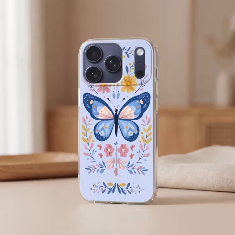 Vlinder - Lichtblauw - Sierlijk - Bloemen Telefoonhoesje iPhone 17 Pro klein -sfeer2