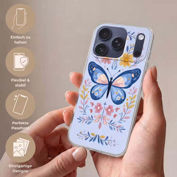 Vlinder - Lichtblauw - Sierlijk - Bloemen Telefoonhoesje iPhone 17 Pro klein -sfeer3_DE