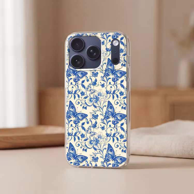 Vlinders - Bloemen - Blauw - Botanisch Telefoonhoesje iPhone 17 Pro klein 878 -sfeer2