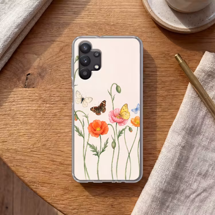 Vlinders - Klaprozen - Illustratie - Kleurrijk Telefoonhoesje Samsung Galaxy A32 5G klein -sfeer1