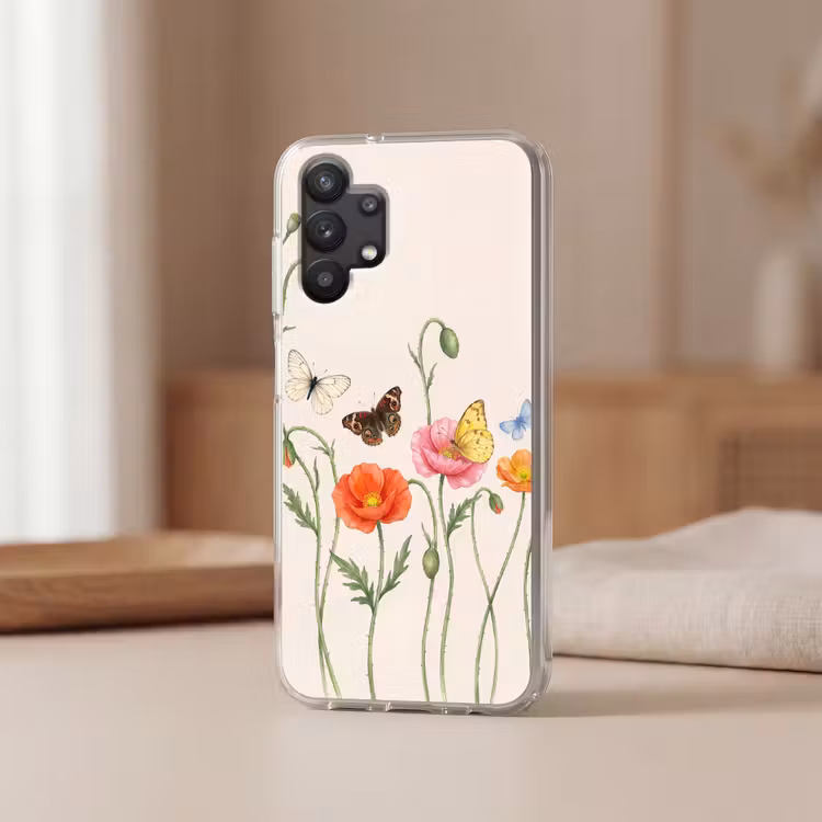 Vlinders - Klaprozen - Illustratie - Kleurrijk Telefoonhoesje Samsung Galaxy A32 5G klein -sfeer2