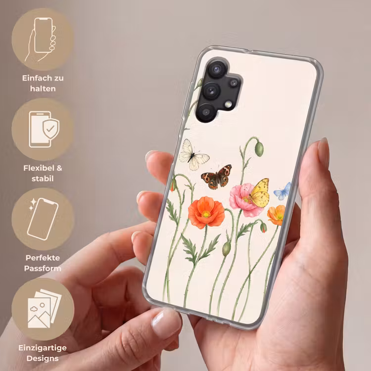 Vlinders - Klaprozen - Illustratie - Kleurrijk Telefoonhoesje Samsung Galaxy A32 5G klein -sfeer3_DE