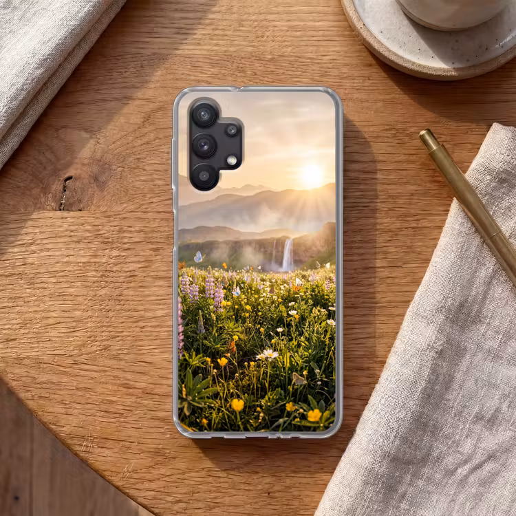 Vlinders - Waterval - Bloemenveld Telefoonhoesje Samsung Galaxy A32 5G klein -sfeer1
