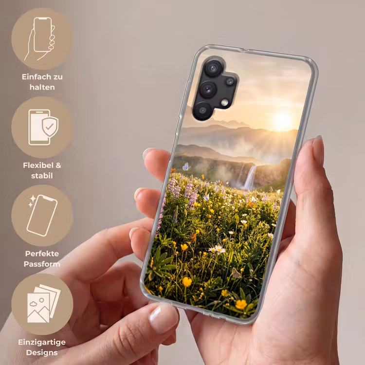 Vlinders - Waterval - Bloemenveld Telefoonhoesje Samsung Galaxy A32 5G klein -sfeer3_DE