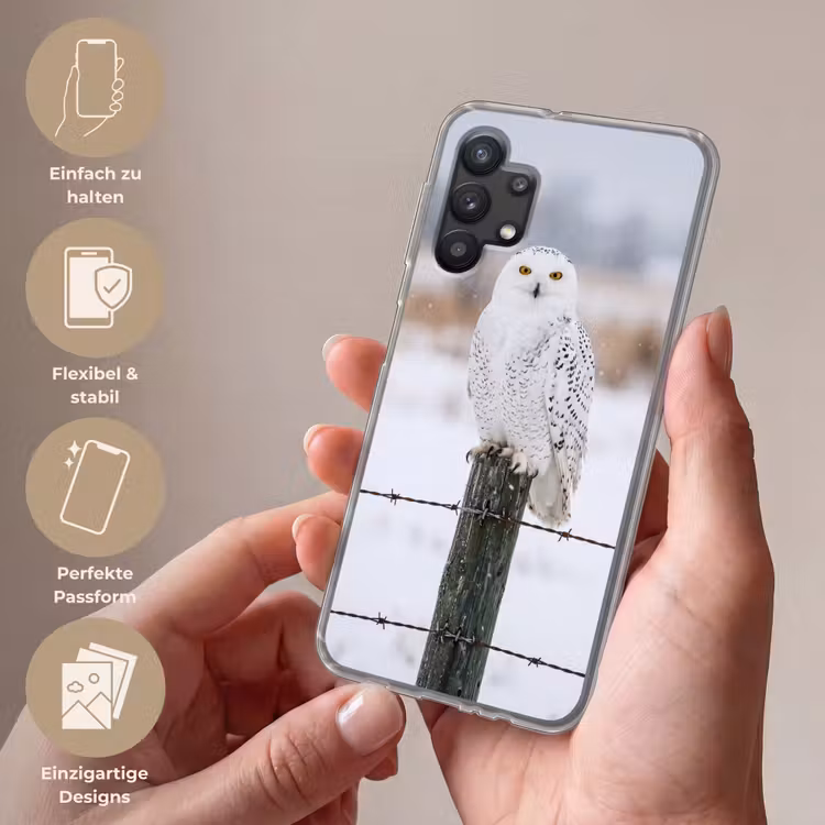 Sneeuwuil - Hek - Sneeuw - Wit Telefoonhoesje Samsung Galaxy A32 5G klein -sfeer3_DE