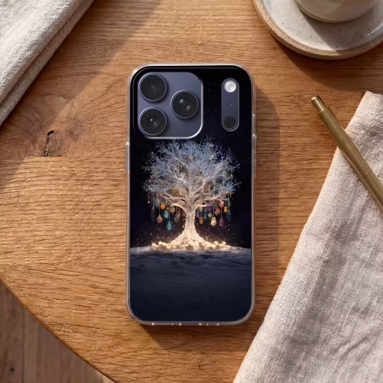 Sneeuwboom - Lichtjes - Wit - Kleurrijk Telefoonhoesje iPhone 17 Pro klein -sfeer1