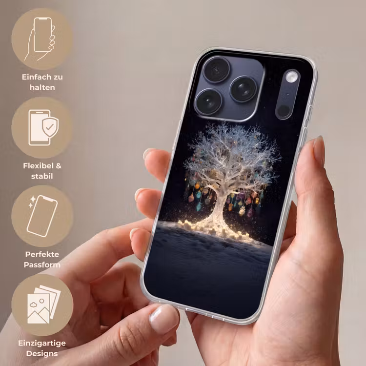Sneeuwboom - Lichtjes - Wit - Kleurrijk Telefoonhoesje iPhone 17 Pro klein -sfeer3_DE