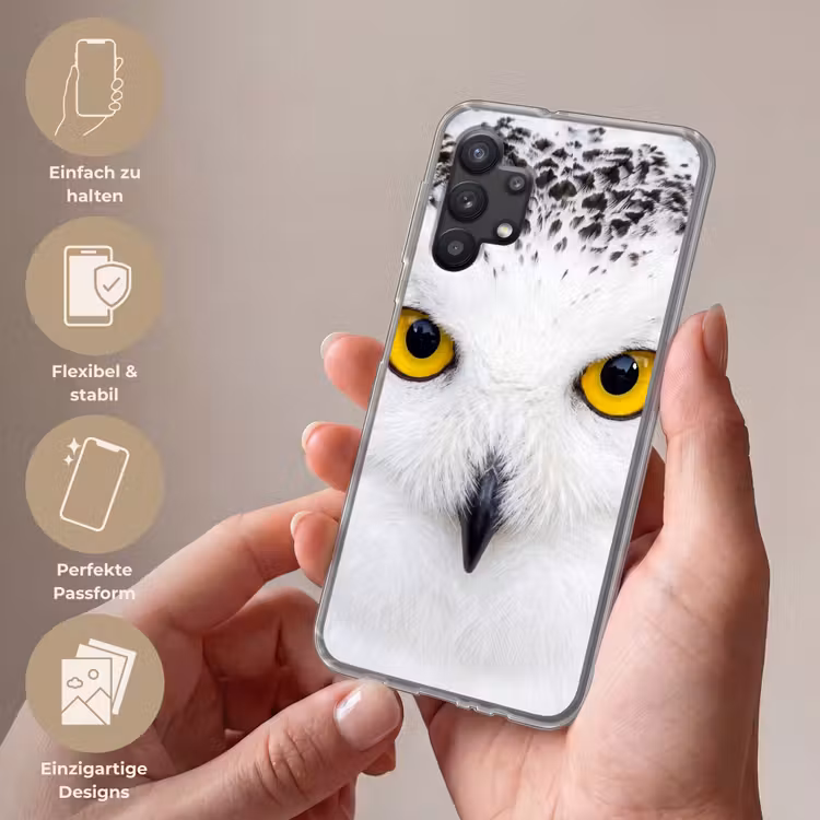 Sneeuwuil - Portret - Geel Telefoonhoesje Samsung Galaxy A32 5G klein -sfeer3_DE