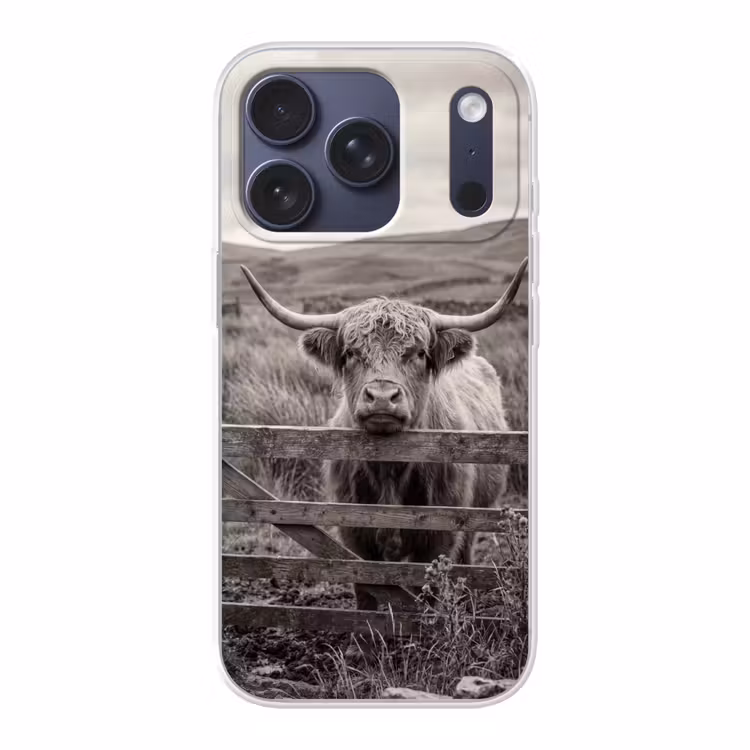 Schotse hooglander - Zwart - Wit - Hout Telefoonhoesje iPhone 17 Pro klein -3d