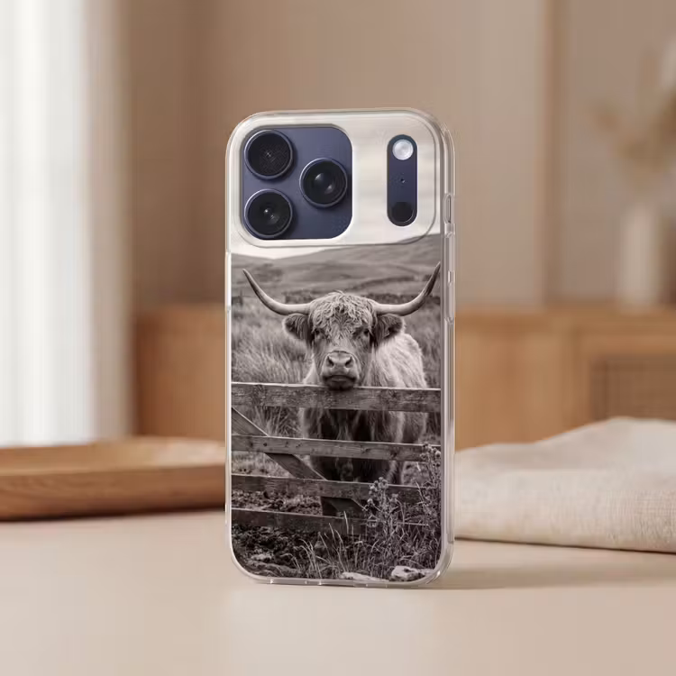 Schotse hooglander - Zwart - Wit - Hout Telefoonhoesje iPhone 17 Pro klein -sfeer2