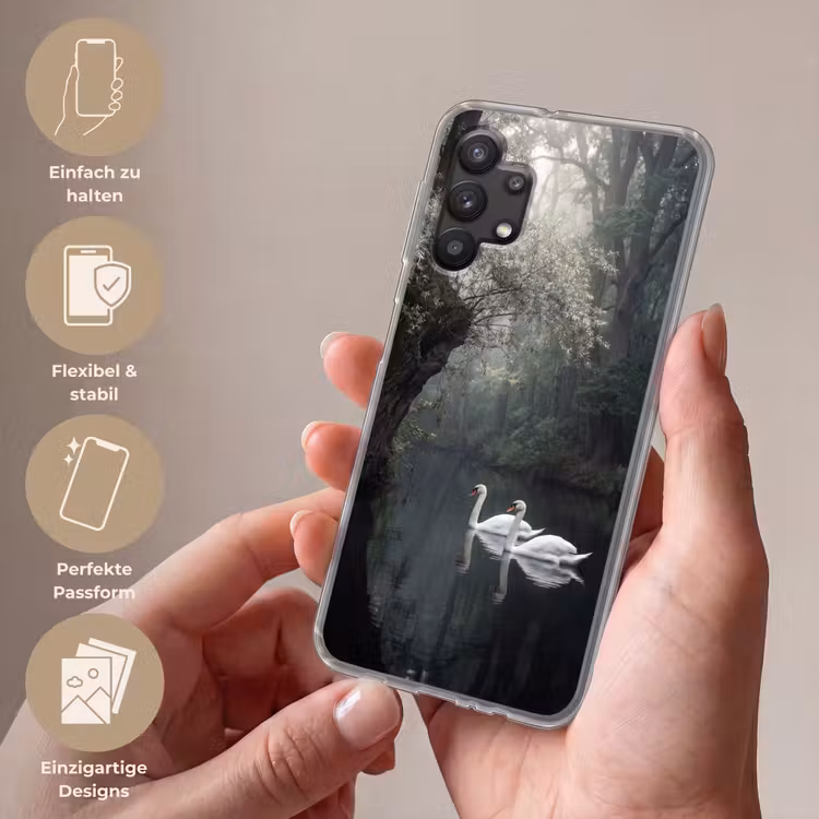 Zwanen - Rivier - Bos Telefoonhoesje Samsung Galaxy A32 5G klein -sfeer3_DE