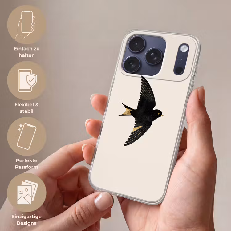 Zwarte zwaluw - Gouden accenten - Lichte achtergrond Telefoonhoesje iPhone 17 Pro klein -sfeer3_DE