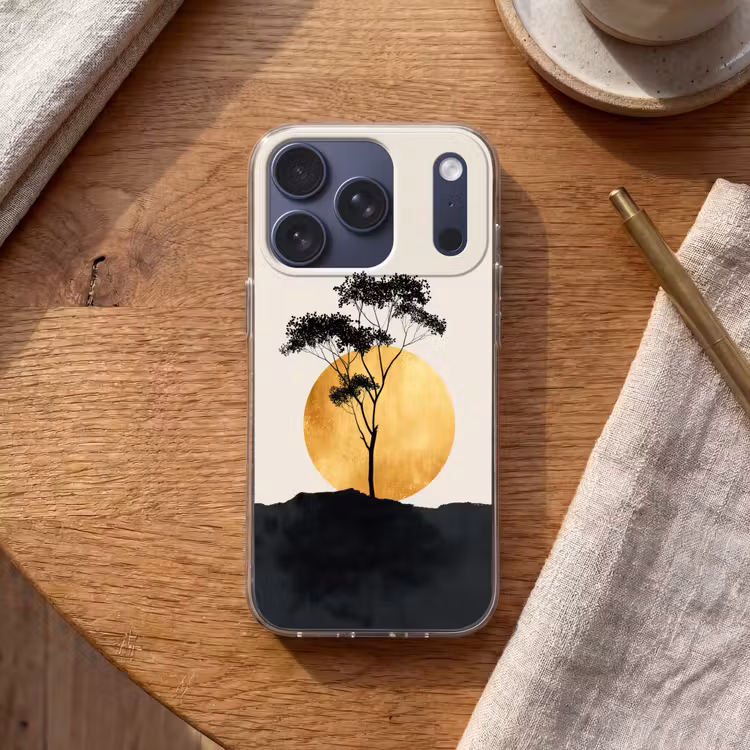 Zwarte boom - Gouden cirkel - Heuvel Telefoonhoesje iPhone 17 Pro klein -sfeer1