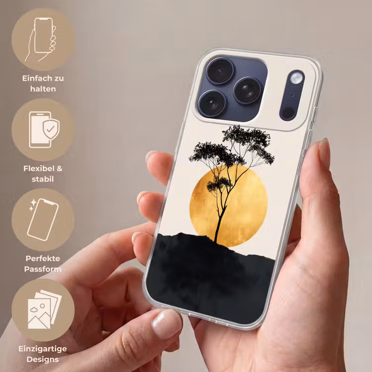 Zwarte boom - Gouden cirkel - Heuvel Telefoonhoesje iPhone 17 Pro klein -sfeer3_DE