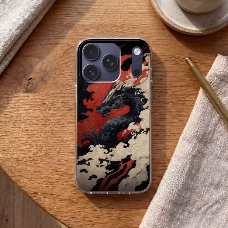 Zwarte draak - Rookwolken - Rood Telefoonhoesje iPhone 17 Pro klein -sfeer1