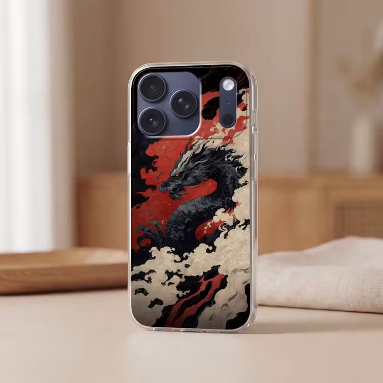 Zwarte draak - Rookwolken - Rood Telefoonhoesje iPhone 17 Pro klein -sfeer2