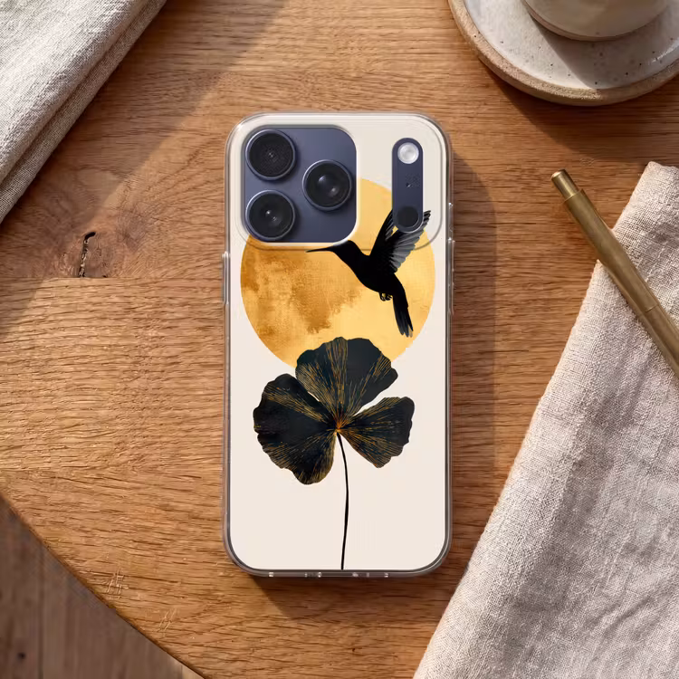 Zwarte kolibrie - Bloem - Gouden cirkel Telefoonhoesje iPhone 17 Pro klein -sfeer1