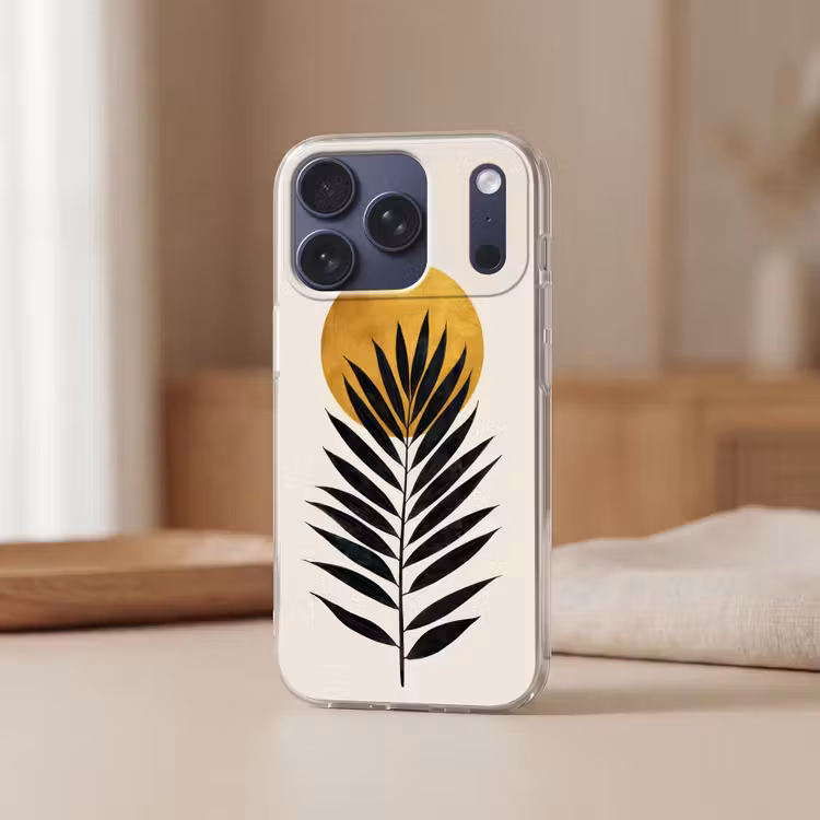 Zwart palmblad - Gouden cirkel - Beige achtergrond Telefoonhoesje iPhone 17 Pro klein -sfeer2