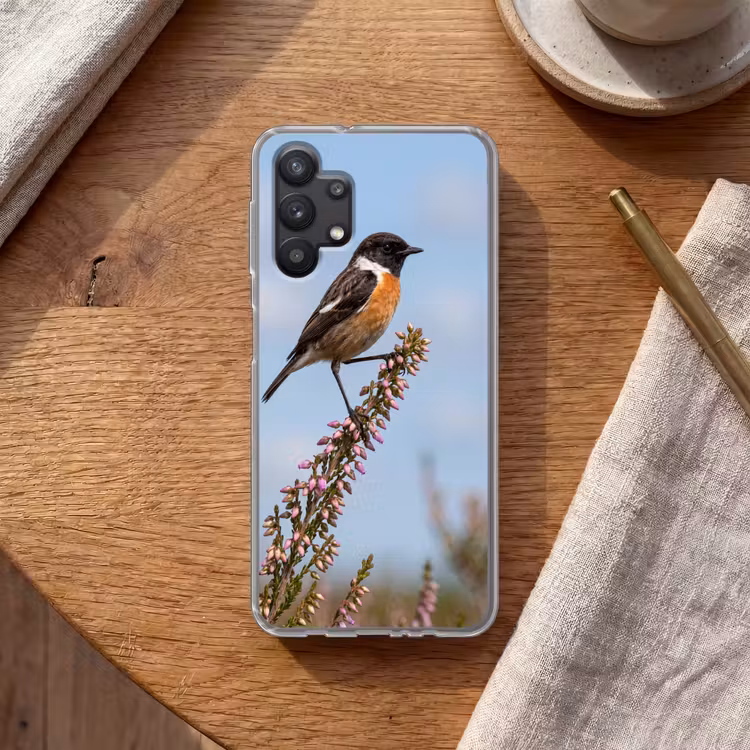 Roodborsttapuit - Heide - Paars - Natuur - Sfeervol Telefoonhoesje Samsung Galaxy A32 5G klein -sfeer1