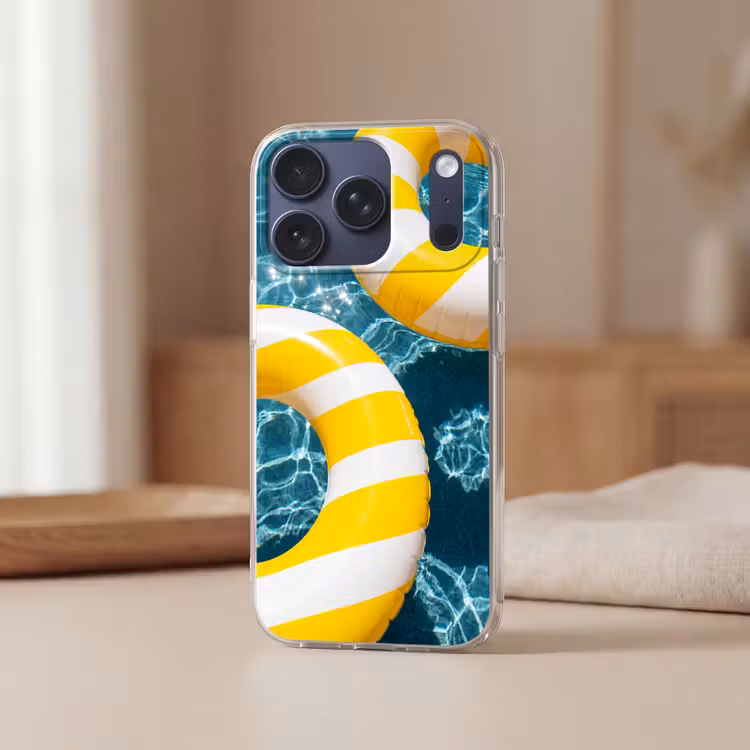 Zwembad - Zwembanden - Zomer - Geel - Blauw Telefoonhoesje iPhone 17 Pro klein -sfeer2