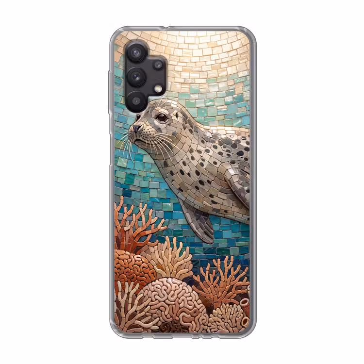 Zeehond - Mozaïek - Onderwater - Dieren - Blauw Telefoonhoesje Samsung Galaxy A32 5G klein -3d