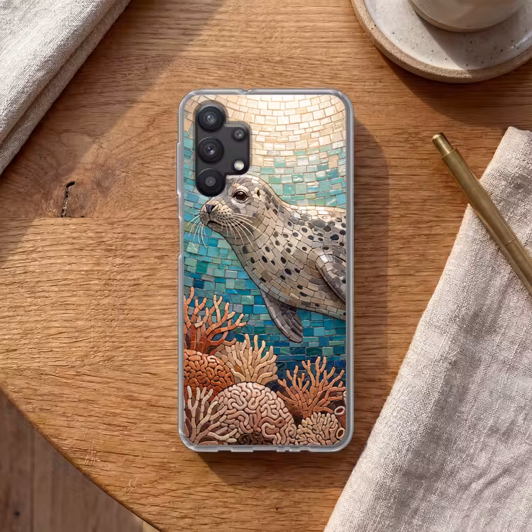 Zeehond - Mozaïek - Onderwater - Dieren - Blauw Telefoonhoesje Samsung Galaxy A32 5G klein -sfeer1