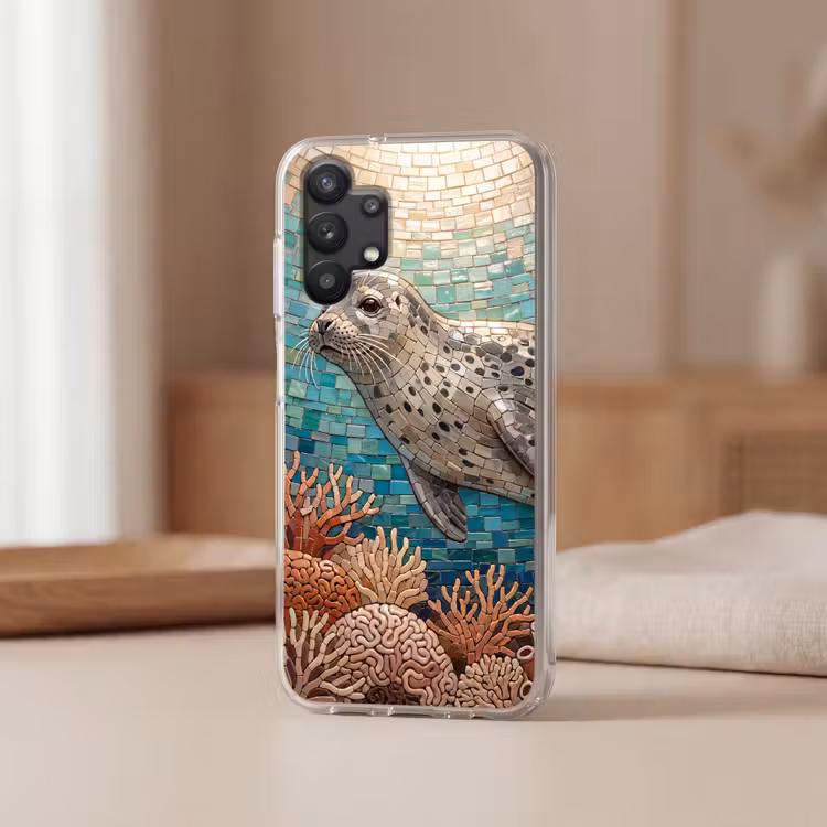 Zeehond - Mozaïek - Onderwater - Dieren - Blauw Telefoonhoesje Samsung Galaxy A32 5G klein -sfeer2