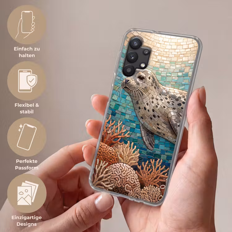 Zeehond - Mozaïek - Onderwater - Dieren - Blauw Telefoonhoesje Samsung Galaxy A32 5G klein -sfeer3_DE