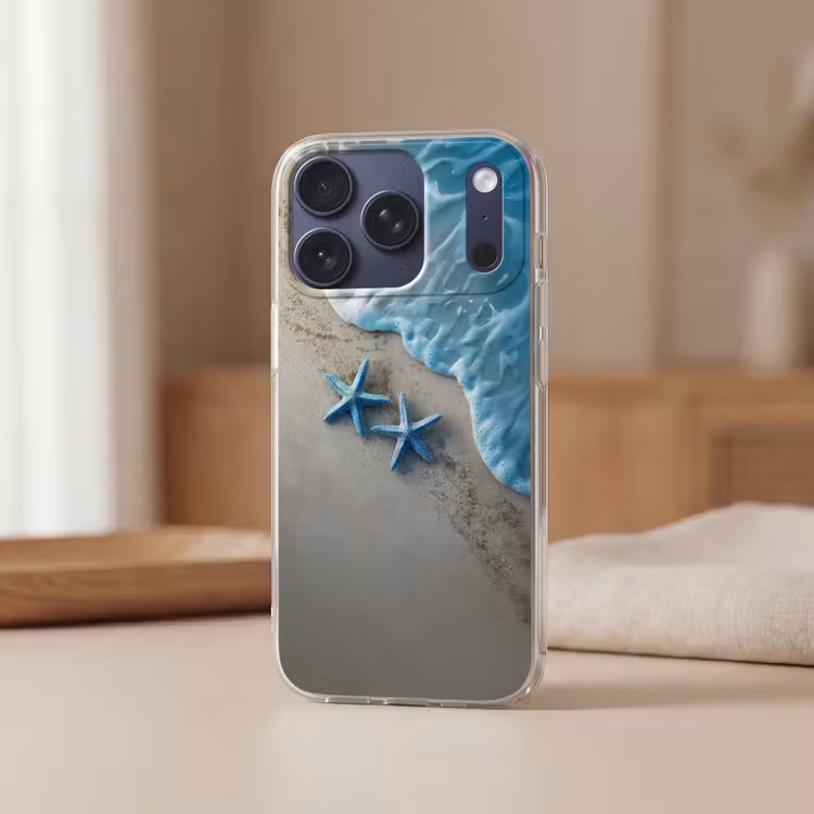 Zeesterren - Zand - Zee - Blauw Telefoonhoesje iPhone 17 Pro klein -sfeer2