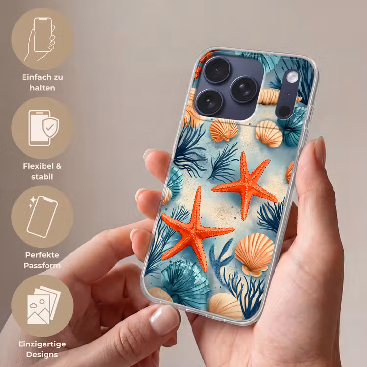 Zeesterren - Schelpen - Illustratie - Zand Telefoonhoesje iPhone 17 Pro klein -sfeer3_DE