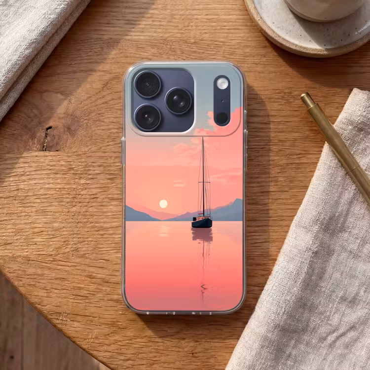 Zeilboot - Roze zee - Zonsondergang - Bergen Telefoonhoesje iPhone 17 Pro klein -sfeer1