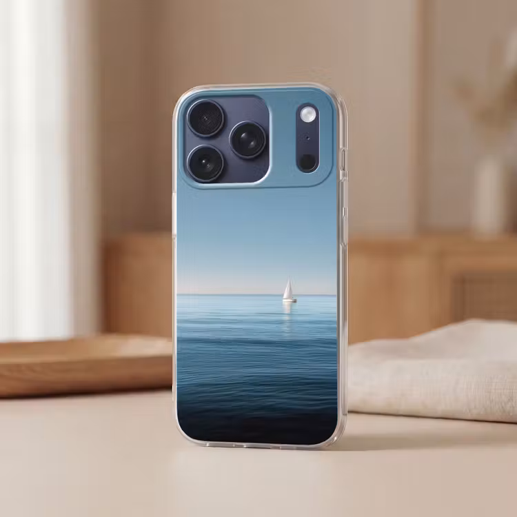 Zeilbootje - Kalme zee - Helderblauwe hemel Telefoonhoesje iPhone 17 Pro klein -sfeer2