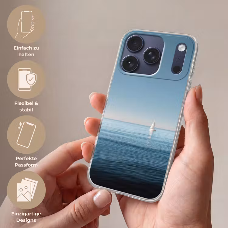 Zeilbootje - Kalme zee - Helderblauwe hemel Telefoonhoesje iPhone 17 Pro klein -sfeer3_DE