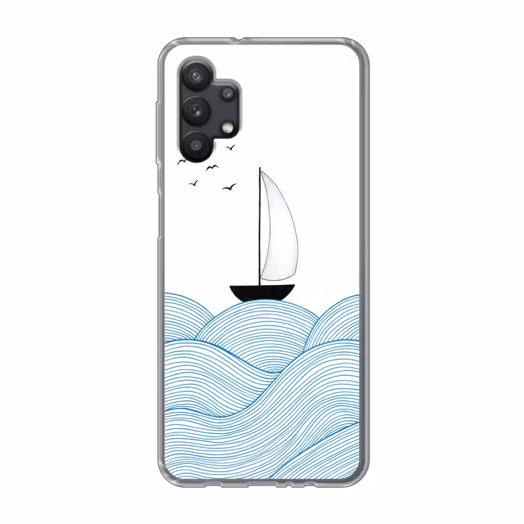 Zeilboot - Golven - Zee - Illustratie - Blauw Telefoonhoesje Samsung Galaxy A32 5G klein -3d