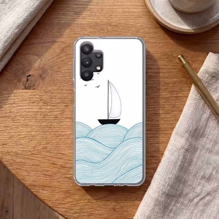 Zeilboot - Golven - Zee - Illustratie - Blauw Telefoonhoesje Samsung Galaxy A32 5G klein -sfeer1