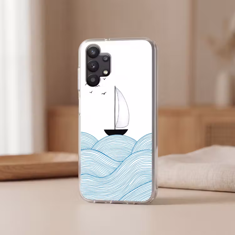 Zeilboot - Golven - Zee - Illustratie - Blauw Telefoonhoesje Samsung Galaxy A32 5G klein -sfeer2