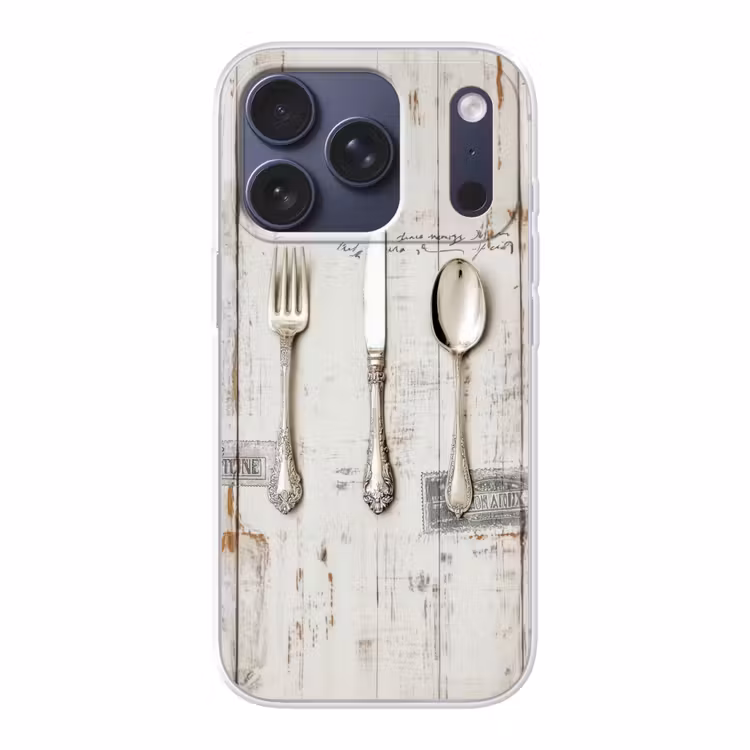 Zilver - Bestek - Hout Telefoonhoesje iPhone 17 Pro klein -3d