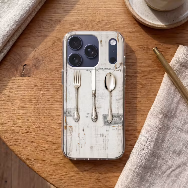 Zilver - Bestek - Hout Telefoonhoesje iPhone 17 Pro klein -sfeer1