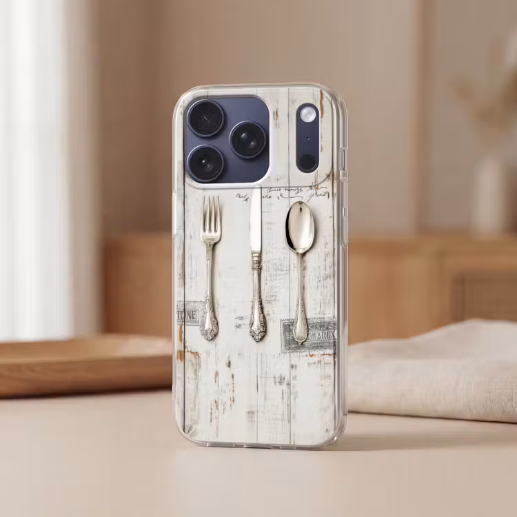 Zilver - Bestek - Hout Telefoonhoesje iPhone 17 Pro klein -sfeer2